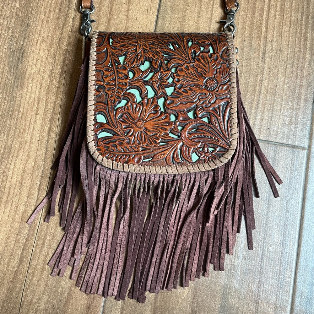 Faux tooled leather fringe purse